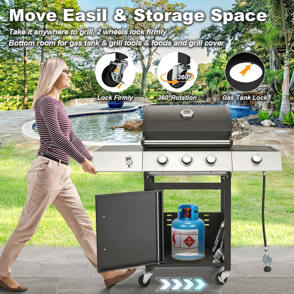 Upgraded 4 Burner BBQ Propane Gas Grill with Cast Iron Grates & Side Stove, 44,000 BTU Stainless Steel Burner Barbecue Grill for Patio, Camping, Outdoor Cooking MELLCOM