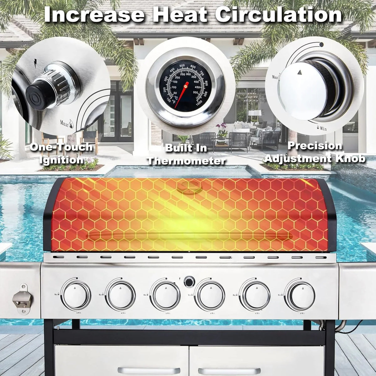 Upgraded 4 Burner BBQ Propane Gas Grill with Cast Iron Grates & Side Stove, 44,000 BTU Stainless Steel Burner Barbecue Grill for Patio, Camping, Outdoor Cooking MELLCOM