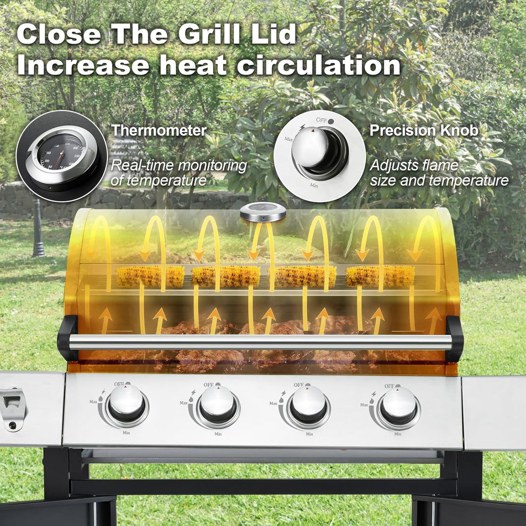 Upgraded 4 Burner BBQ Propane Gas Grill with Cast Iron Grates & Side Stove, 44,000 BTU Stainless Steel Burner Barbecue Grill for Patio, Camping, Outdoor Cooking MELLCOM