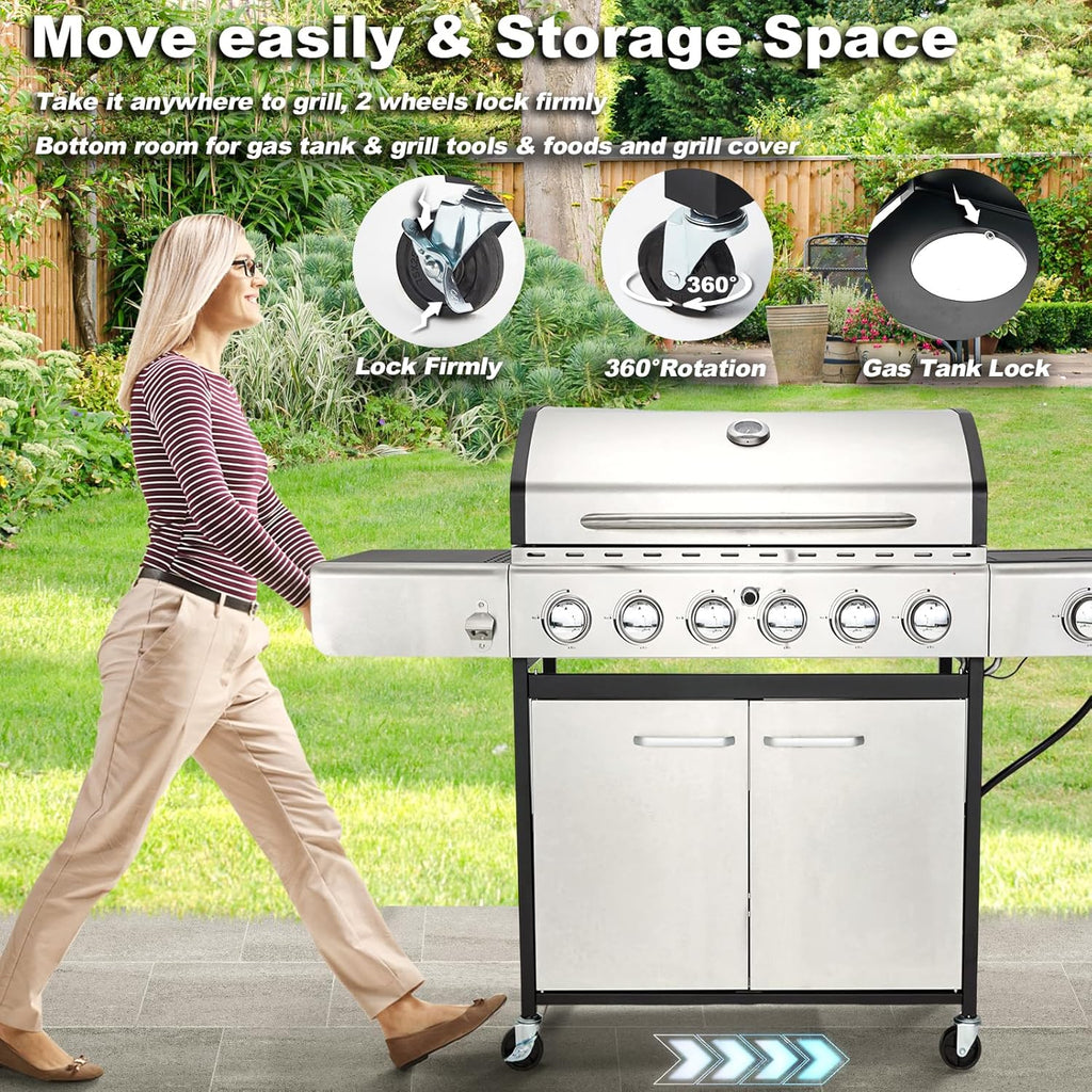 Upgraded 4 Burner BBQ Propane Gas Grill with Cast Iron Grates & Side Stove, 44,000 BTU Stainless Steel Burner Barbecue Grill for Patio, Camping, Outdoor Cooking MELLCOM