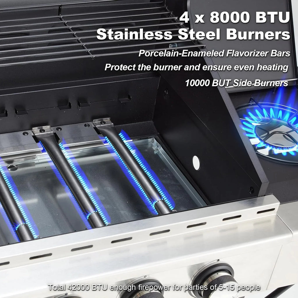 Upgraded 4 Burner BBQ Propane Gas Grill with Cast Iron Grates & Side Stove, 44,000 BTU Stainless Steel Burner Barbecue Grill for Patio, Camping, Outdoor Cooking MELLCOM